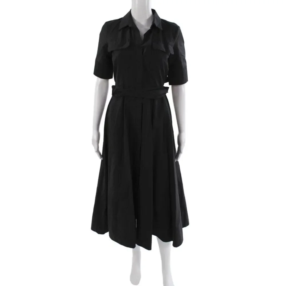 Zara Womens Black Collared Short Sleeve Shirt Dress Cotton Midi Size XS